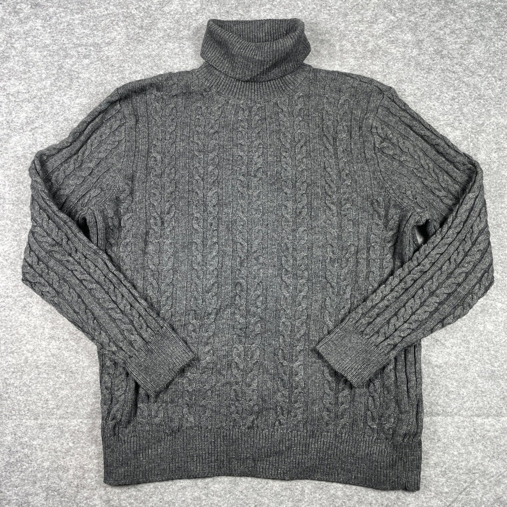 J. Crew Sweater Mens XL Gray Lambs Wool Blend Cable Knit Turtleneck Pullover